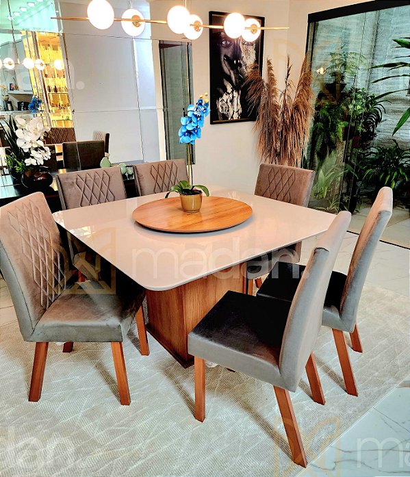 CONJUNTO DE JANTAR MARK 130X130 NOGUEIRA + 6 CADEIRAS MODELO 25 + PRATO GIRATÓRIO