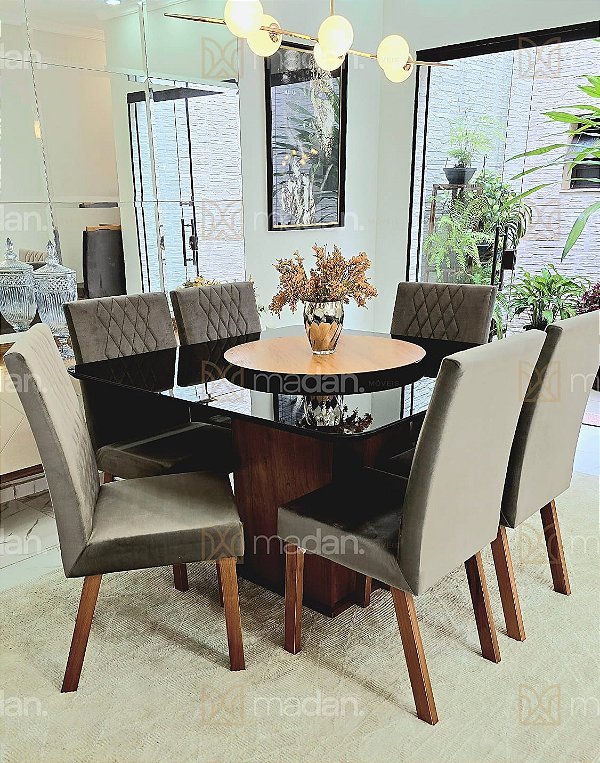 CONJUNTO DE JANTAR MARK 130X130 BLACK - 6 CADEIRAS CANELA CINZA MODELO 25