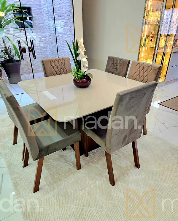 CONJUNTO DE JANTAR MARK 130X130 OFF WHITE - 6 CADEIRAS TABACO CINZA MODELO 25