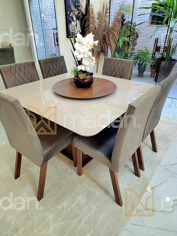 CONJUNTO DE JANTAR MARK 130X130 TABACO + 6 CADEIRAS MODELO 25 + PRATO GIRATÓRIO