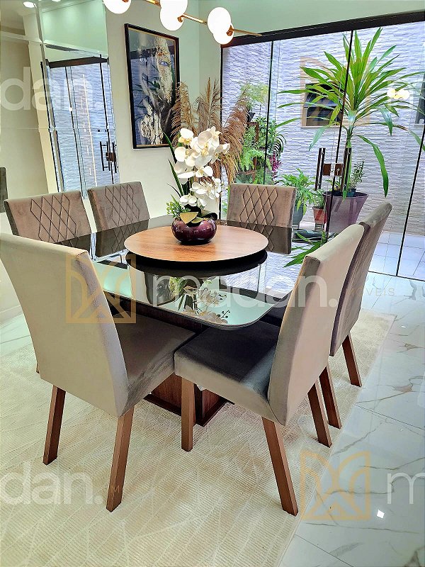 CONJUNTO DE JANTAR MARK 130X130 BLACK - 6 CADEIRAS TABACO CINZA MODELO 25