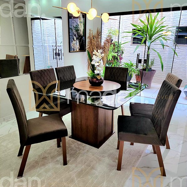CONJUNTO DE JANTAR MARK 130X130 BLACK - 6 CADEIRAS TABACO MARROM MODELO 25