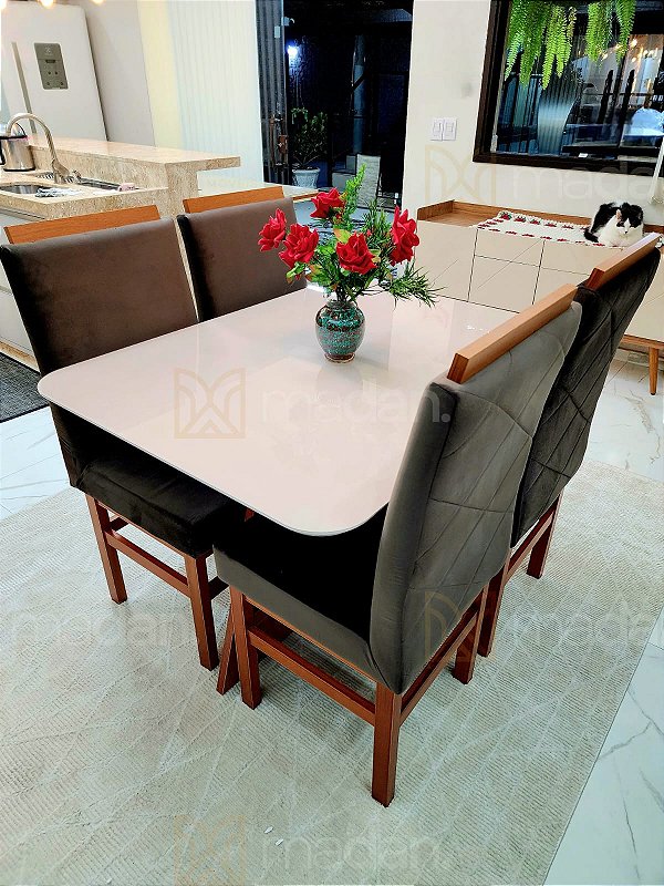 CONJUNTO DE JANTAR MARK 120X090 OFF WHITE - 4 CADEIRAS CANELA MARROM MODELO 19