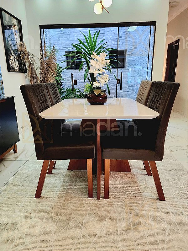 CONJUNTO DE JANTAR MARK 120X090 OFF WHITE - 4 CADEIRAS CANELA MARROM MODELO 25