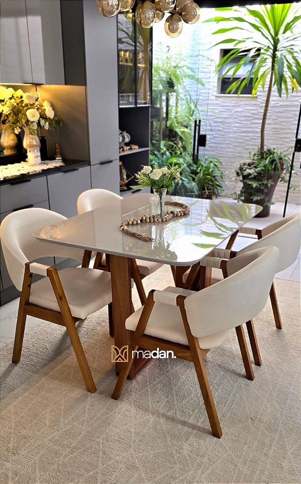 CONJUNTO DE JANTAR AGATHA 120x090 - 4 CADEIRAS LINHO CREME NEVOA