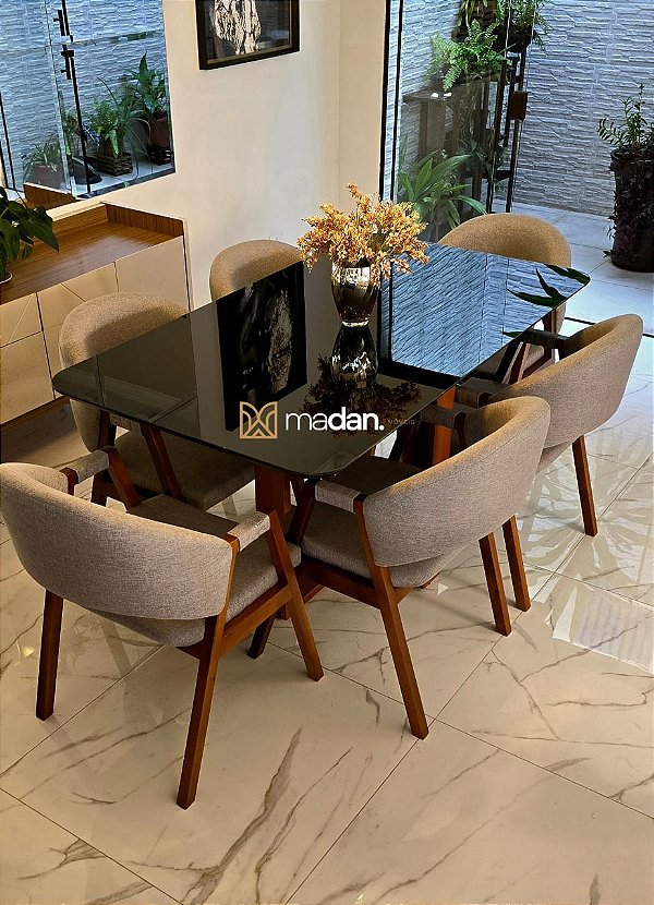 CONJUNTO DE JANTAR AGATHA 160X090 VIDRO PRETO - 6 CADEIRAS LINHO CINZA