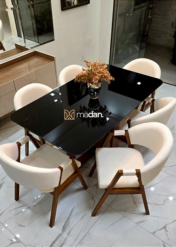 CONJUNTO DE JANTAR AGATHA 160X090 VIDRO PRETO - 6 CADEIRAS LINHO CREME NEVOA