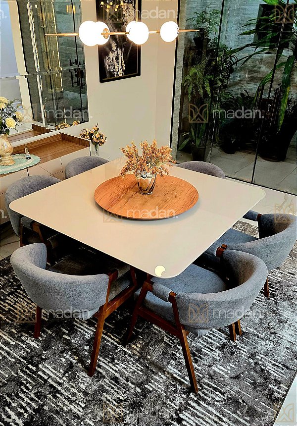 CONJUNTO DE JANTAR AGATHA 130X130 VIDRO OFF WHITE - 6 CADEIRAS LINHO CINZA