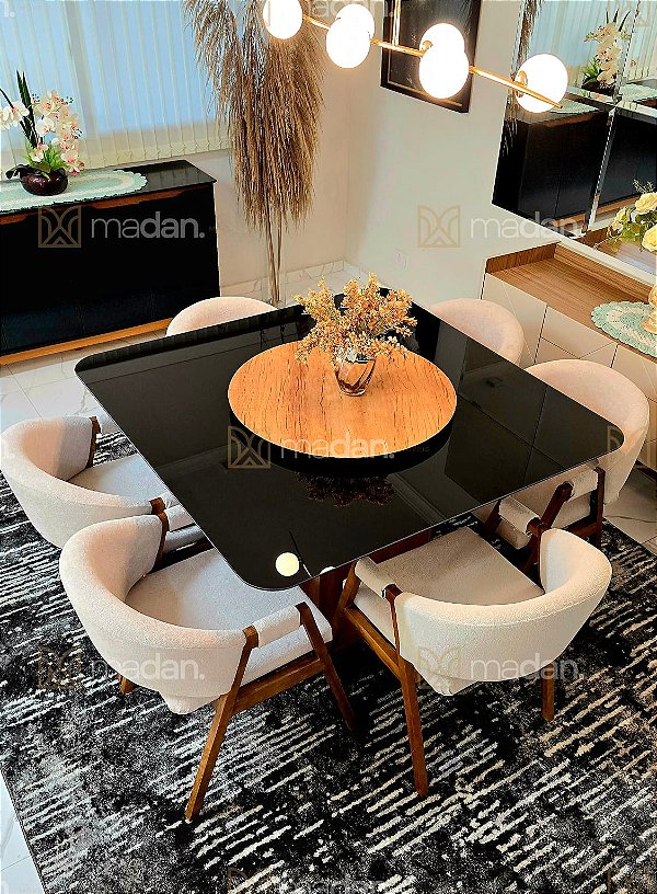 CONJUNTO DE JANTAR AGATHA 130X130 VIDRO PRETO - 6 CADEIRAS POLTRONA LINHO CREME NEVOA