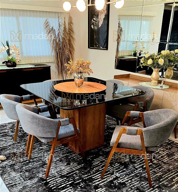 CONJUNTO DE JANTAR AGATHA 130X130 VIDRO PRETO - 6 CADEIRAS POLTRONA LINHO CINZA