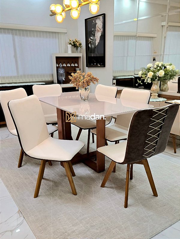 CONJUNTO DE JANTAR EVORA 160X090 OFF WHITE - 6 CADEIRAS GIRATÓRIAS