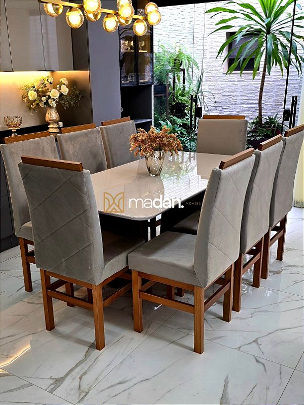 CONJUNTO MESA MARK 180X090 + 8 CADEIRAS MARK MODELO 19 CINZA