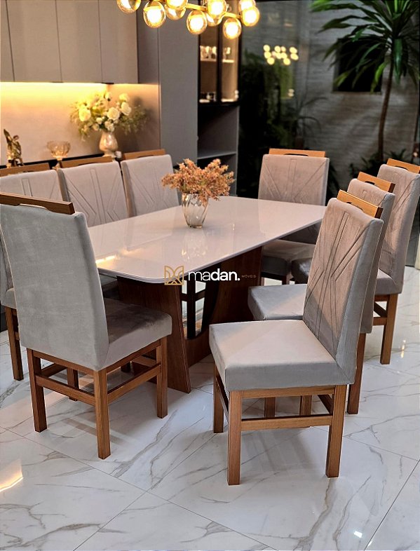 CONJUNTO MESA MARK 180X090 + 8 CADEIRAS MARK MODELO 18 CINZA