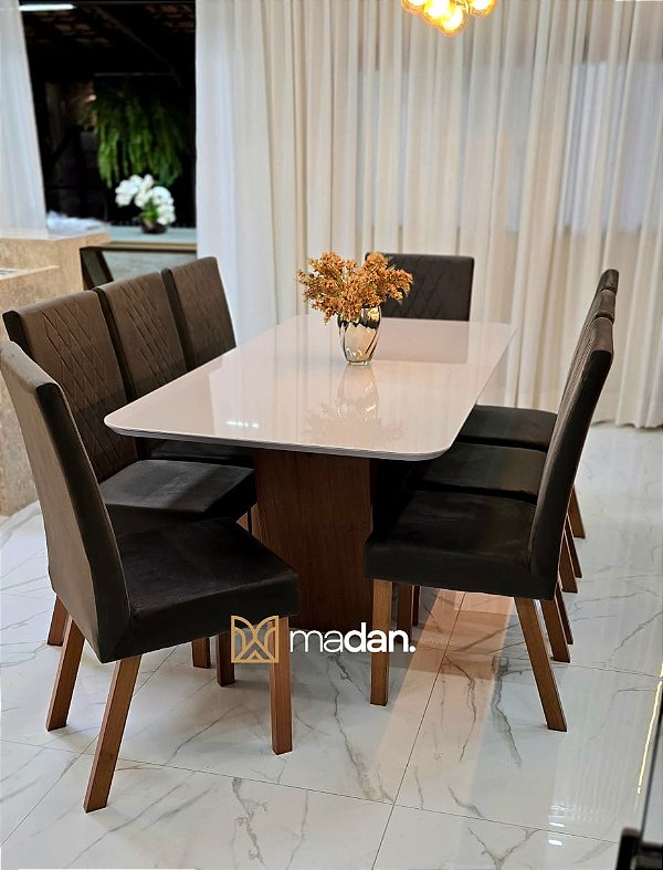 CONJUNTO MESA MARK 180X090 + 8 CADEIRAS MARK MODELO 25 MARROM
