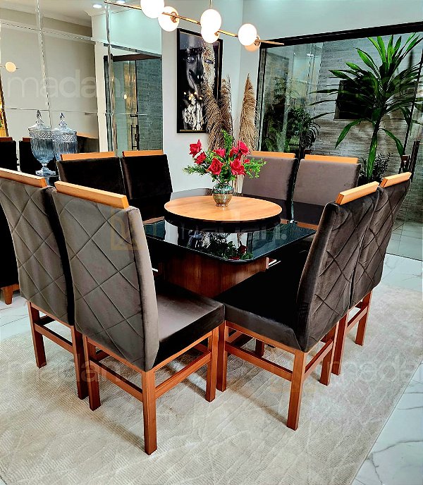 CONJUNTO MESA MARK 130X130 + 8 CADEIRAS MARK MODELO 19 MARROM