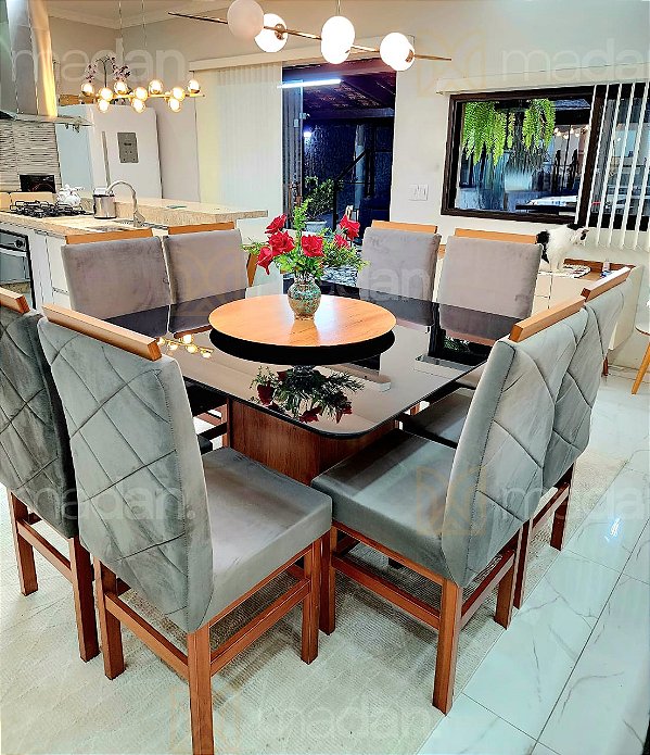 CONJUNTO MESA MARK 130X130 + 8 CADEIRAS MARK MODELO 19 CINZA
