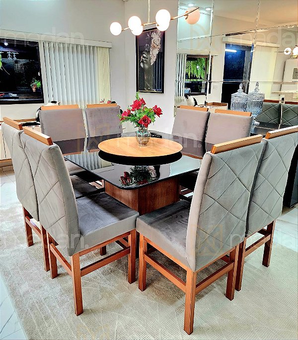 CONJUNTO MESA MARK 130X130 NOGUEIRA + 8 CADEIRAS MARK MODELO 19