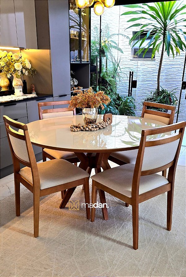 CONJUNTO MESA CECILIA 1,35M REDONDA + 4 CADEIRAS LIZ LINHO CREME