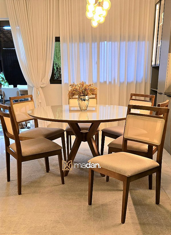 CONJUNTO MESA CECILIA 1,35M REDONDA + 6 CADEIRAS LIZ LINHO CREME