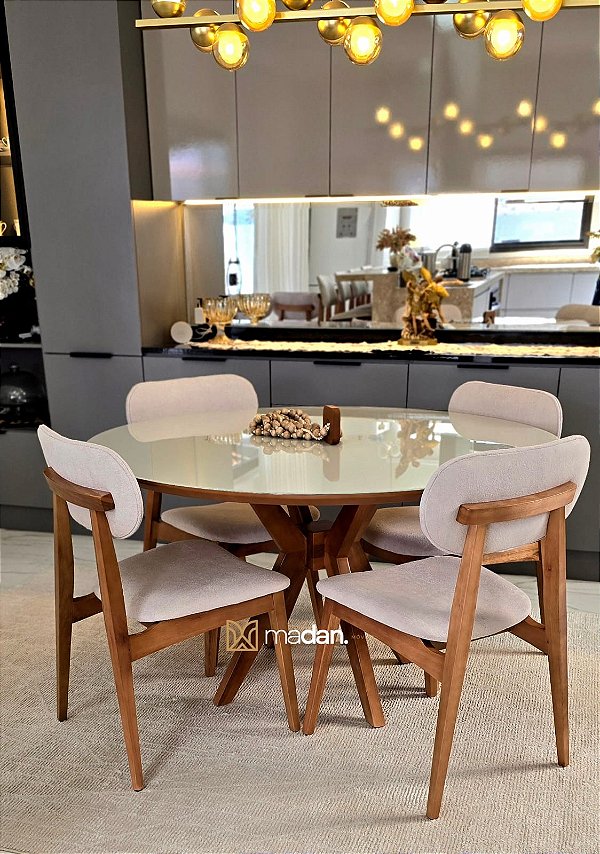 CONJUNTO MESA CECILIA 1,35M REDONDA + 4 CADEIRAS BETINA BOUCLE CREME