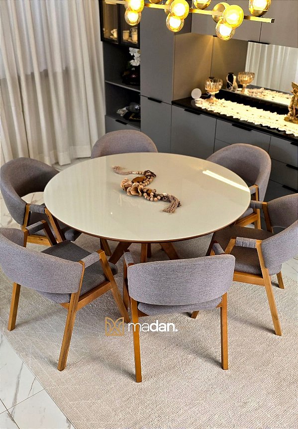 CONJUNTO MESA CECILIA 1,35M REDONDA + 6 CADEIRAS AGATHA BOUCLE CINZA