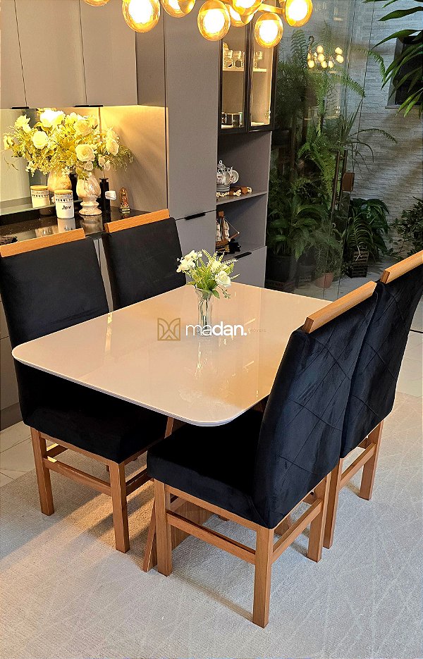 CONJUNTO DE JANTAR MARK 120X090 OFF WHITE- 4 CADEIRAS CANELA PRETA MODELO 19