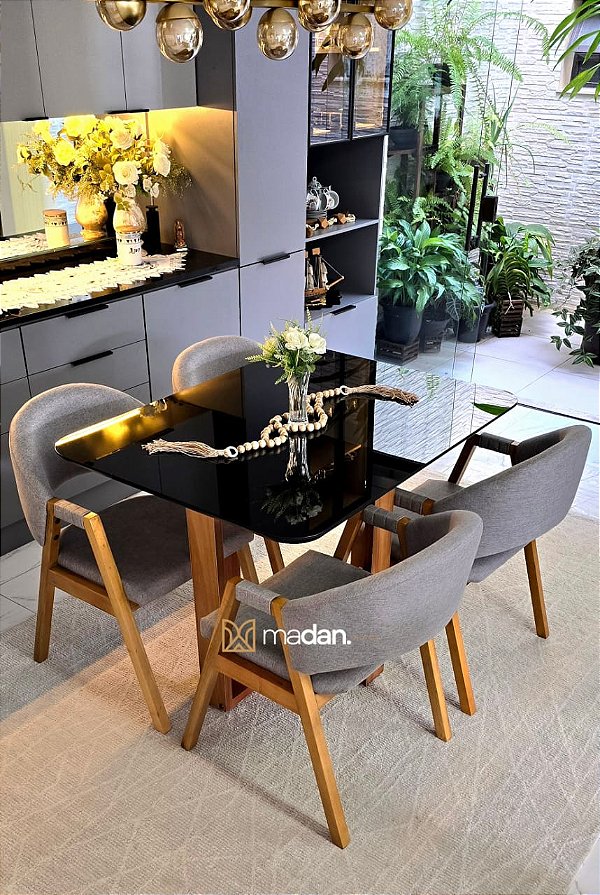 CONJUNTO DE JANTAR AGATHA BLACK 120X090 - 4 CADEIRAS LINHO CINZA