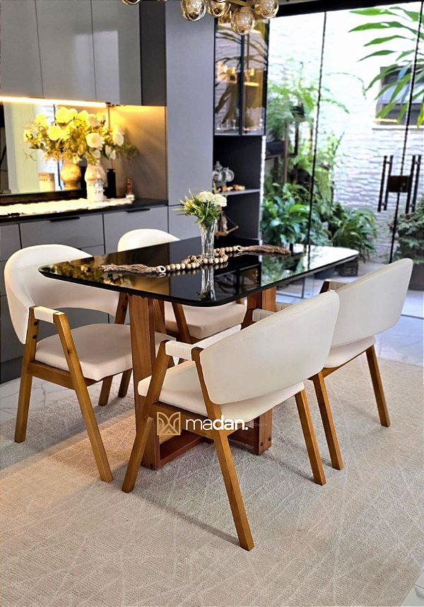 CONJUNTO DE JANTAR AGATHA BLACK 120x090 - 4 CADEIRAS LINHO CREME NEVOA