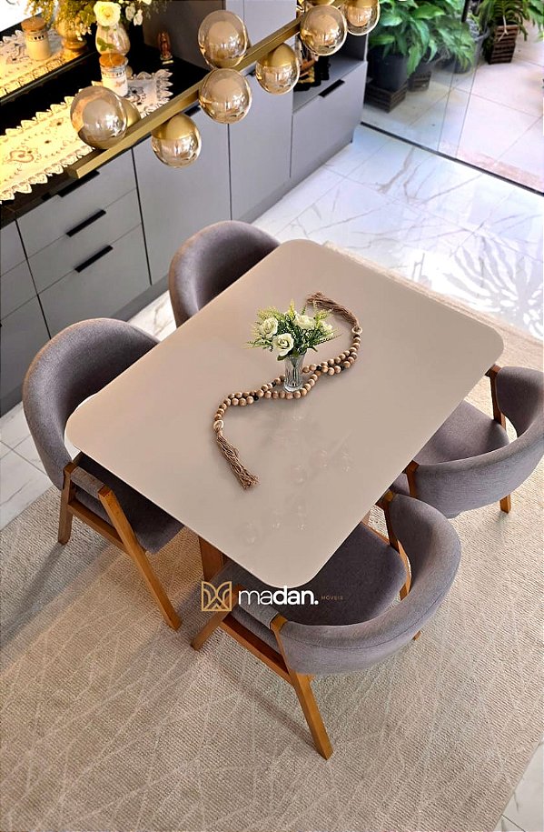 CONJUNTO DE JANTAR AGATHA OFF WHITE 120x090 - 4 CADEIRAS LINHO CINZA