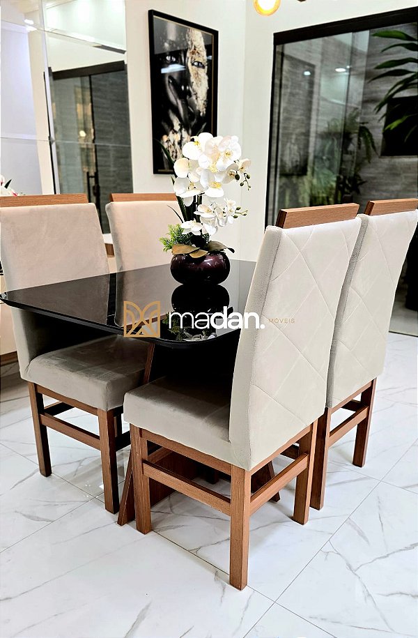 CONJUNTO MESA MARK 120X090 + 4 CADEIRAS MARK MODELO 19 - TECIDO CREME