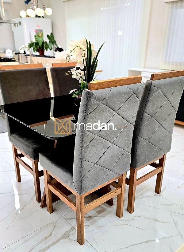 CONJUNTO MESA MARK 120X090 + 4 CADEIRAS MARK MODELO 19 - TECIDO GRAFITE