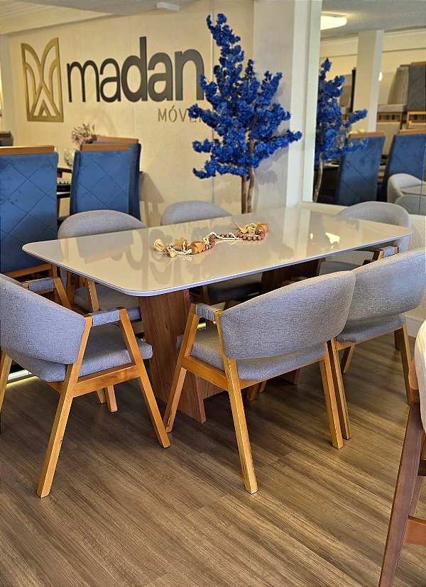 CONJUNTO MESA MARK 180X090 + 6 CADEIRAS POLTRONA AGATHA CINZA