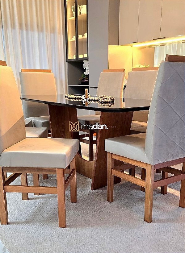 CONJUNTO MESA MARK 180X090 BLACK - 8 CADEIRAS CREME PALHA MODELO 19