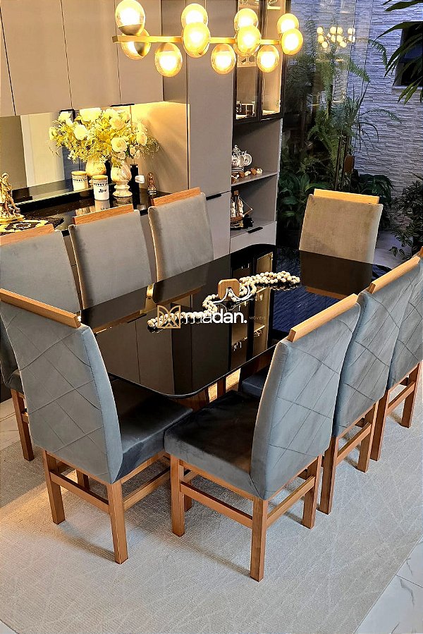 CONJUNTO MESA MARK 180X090 BLACK - 8 CADEIRAS GRAFITE MODELO 19