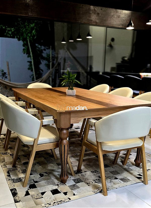 Conjunto Mesa Isadora 220x120 + 8 Cadeiras Agatha | Tecido Courissimo Creme