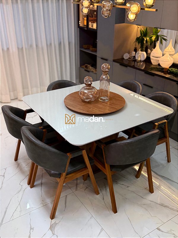 CONJUNTO MESA MARK 130X130 + 6 CADEIRAS AGATHA + PRATO GIRATÓRIO