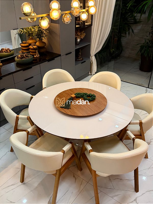 CONJUNTO MESA REDONDA CECILIA 135m + 6 CADEIRAS AGATHA + PRATO GIRATÓRIO