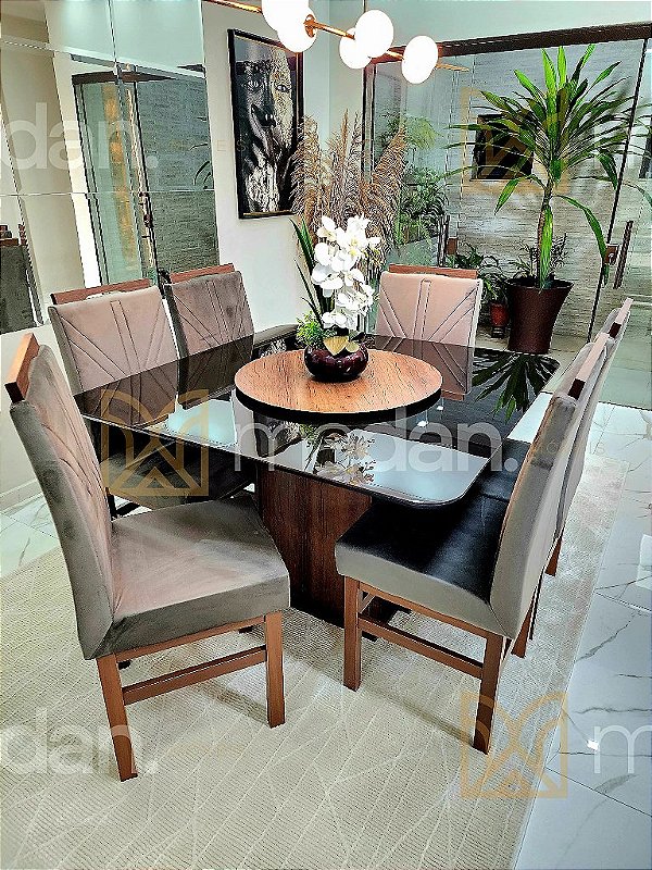 CONJUNTO DE JANTAR MARK 130X130 TABACO + 6 CADEIRAS MODELO 18