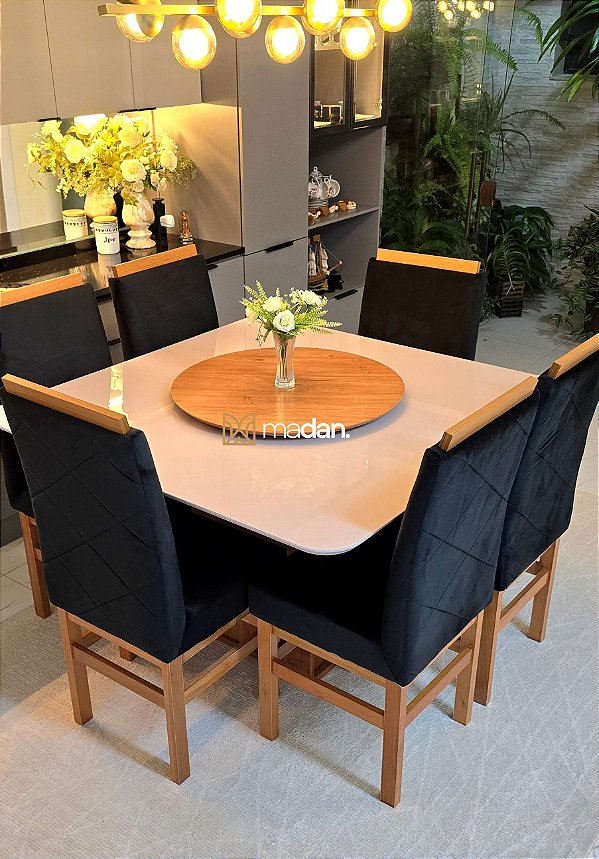 CONJUNTO DE JANTAR MARK 130X130 CANELA + 6 CADEIRAS MODELO 19 + PRATO GIRATÓRIO