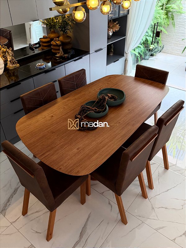 CONJUNTO MESA ORGÂNICA C/ BASE RIPADA 180X100 + 6 CADEIRAS MARK MODELO 32