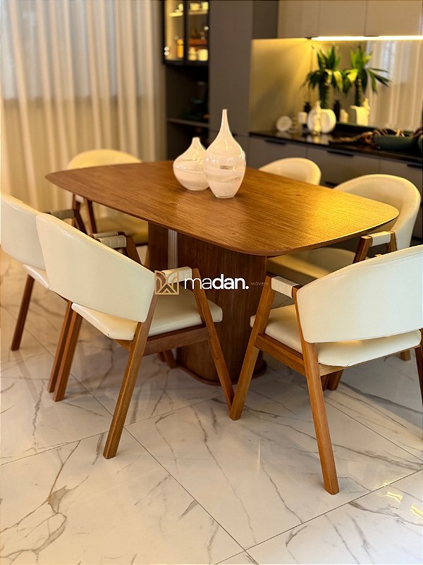 CONJUNTO MESA ORGÂNICA C/ BASE RIPADA 180X100 + 6 CADEIRAS AGATHA