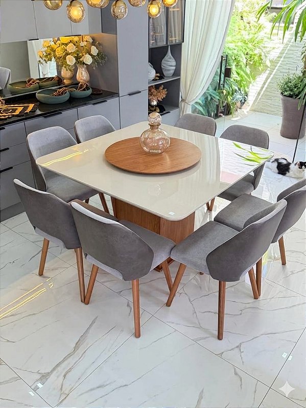 CONJUNTO MESA MARK QUADRADA 130X130 + 6 CADEIRAS MARK 30 + PRATO GIRATORIO