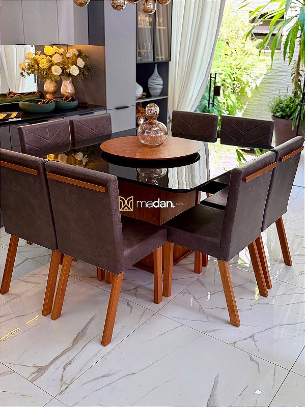 CONJUNTO MESA MARK QUADRADA 130X130 + 8 CADEIRAS MARK 32 + PRATO GIRATORIO