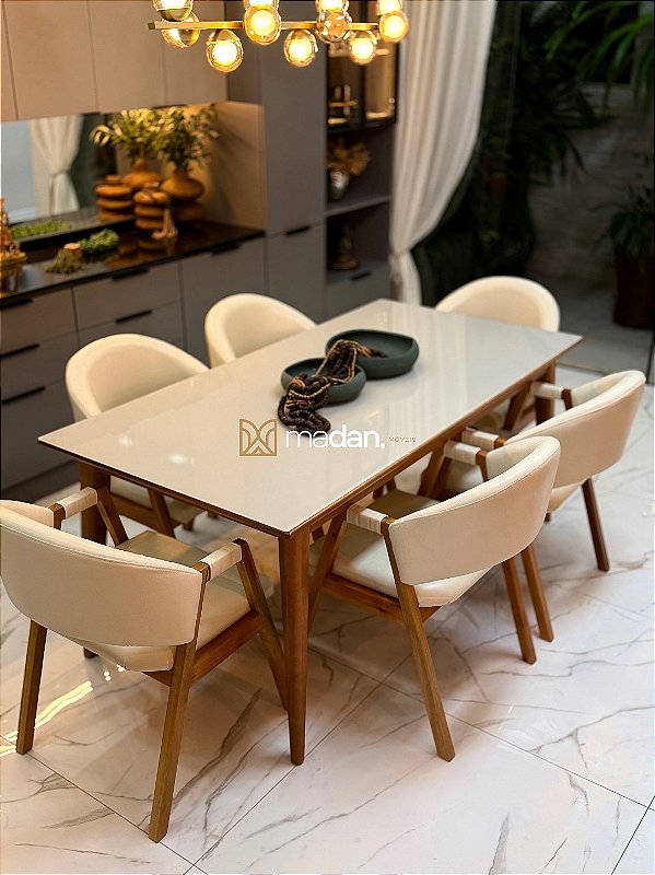 CONJUNTO MESA ELISA 180X090 + 6 CADEIRAS AGATHA CREME