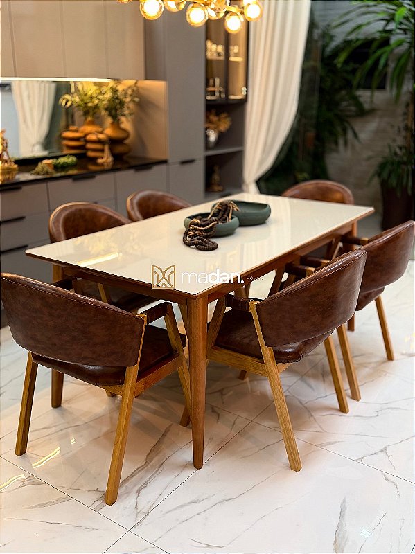 CONJUNTO MESA ELISA 180X090 + 6 CADEIRAS AGATHA MARROM