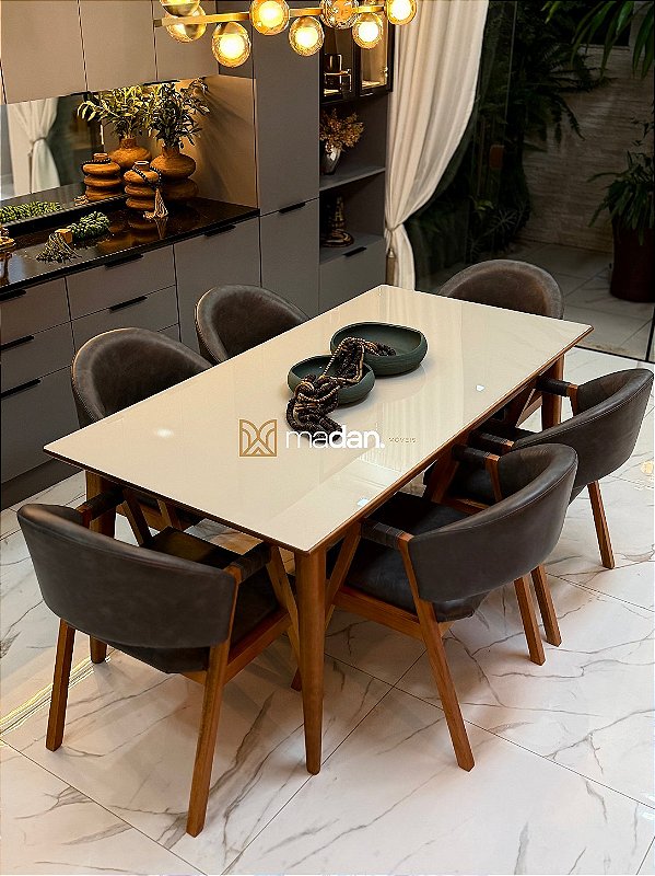 CONJUNTO MESA ELISA 180X090 + 6 CADEIRAS AGATHA CINZA