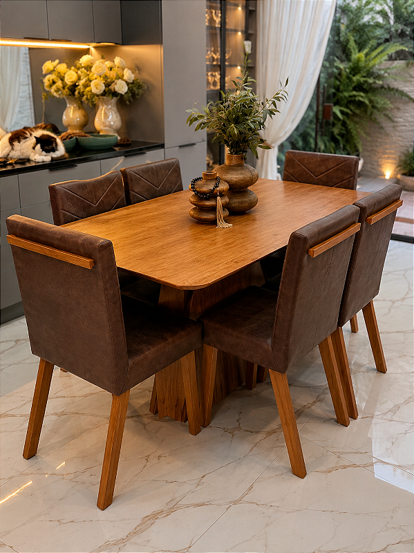 CONJUNTO MESA LUNNA 160X090 + 6 CADEIRAS MARK MODELO 32 MARROM