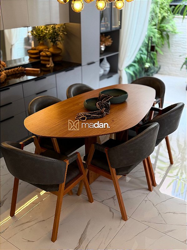 CONJUNTO MESA ORGÂNICA 180X100 + 6 CADEIRAS AGATHA CINZA