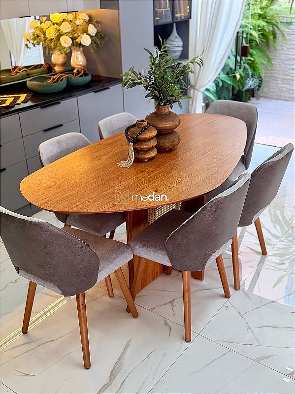 CONJUNTO MESA ORGANICA 180X100 + 6 CADEIRAS MARK MODELO 30 CINZA