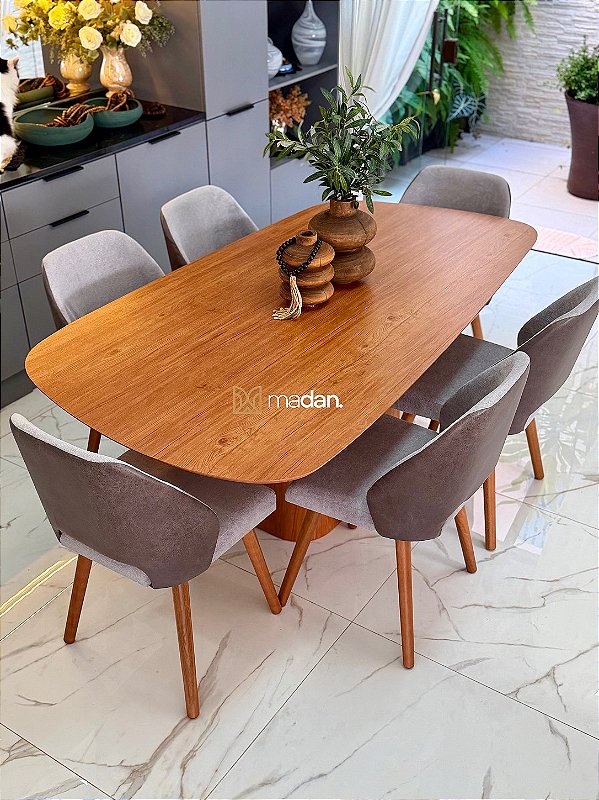 CONJUNTO MESA ORGANICA C/ BASE RIPADA 180X100 + 6 CADEIRAS MARK MODELO 30 CINZA